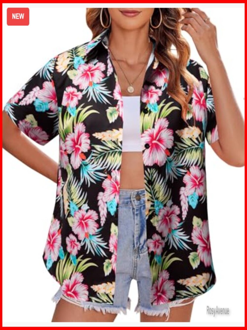 Women's Hawaiian Floral V-Neck Button Down T-Shirt Short Sleeve Summer Top - Picture 2 of 7